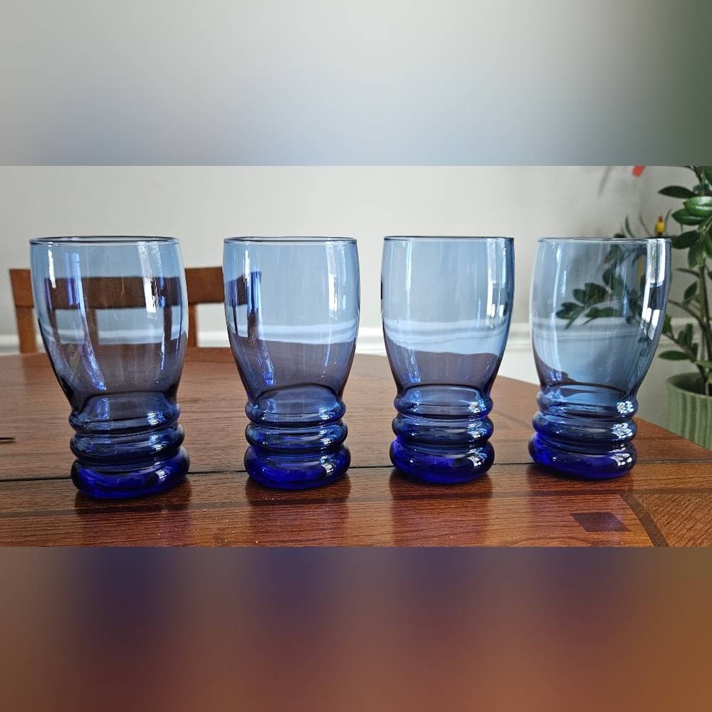 LIBBEY Vintage Glass | 16 Oz | Cobalt Blue Bangle Glasses | Set of 4